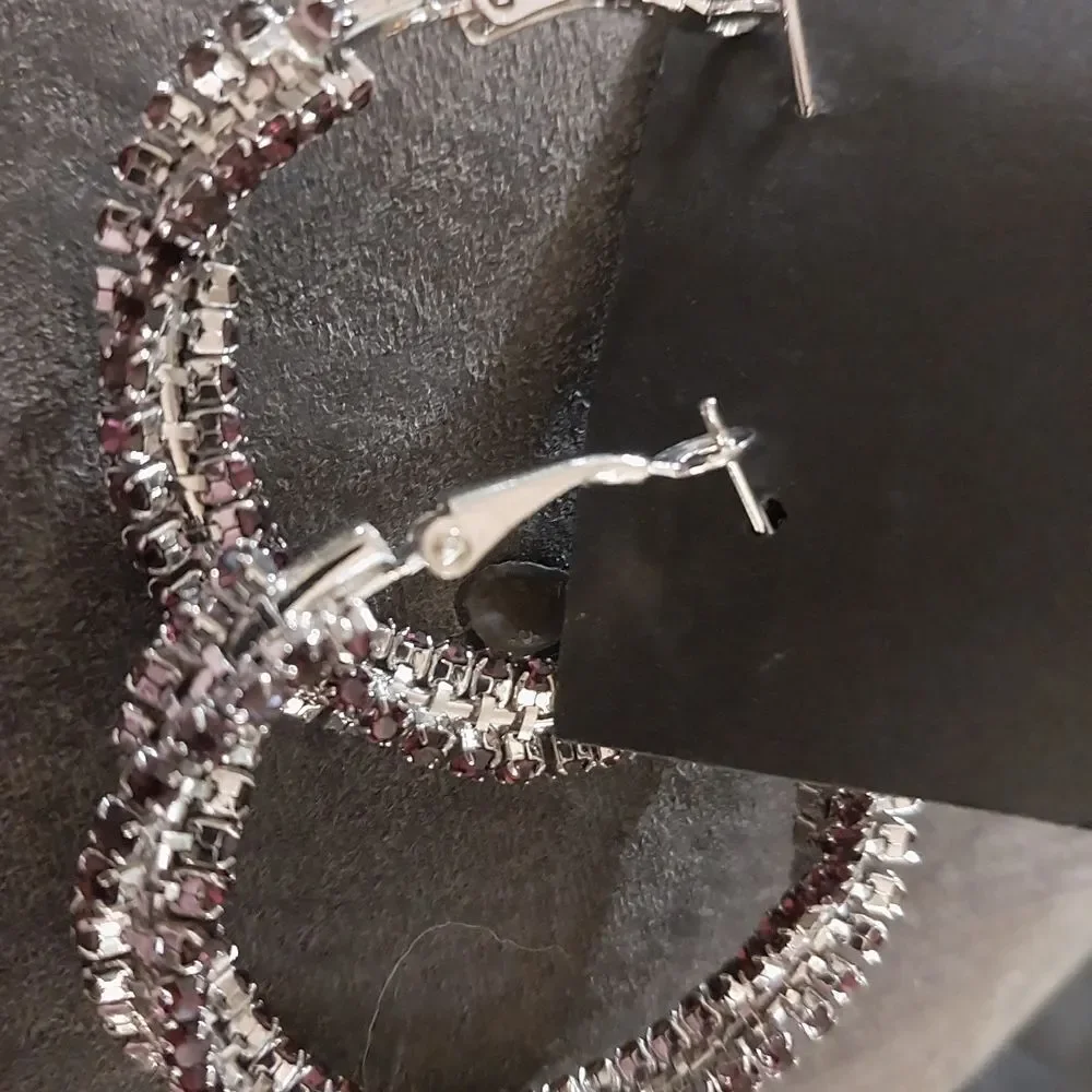 Elegant Silver and Ruby Pierced Hoop Earrings
